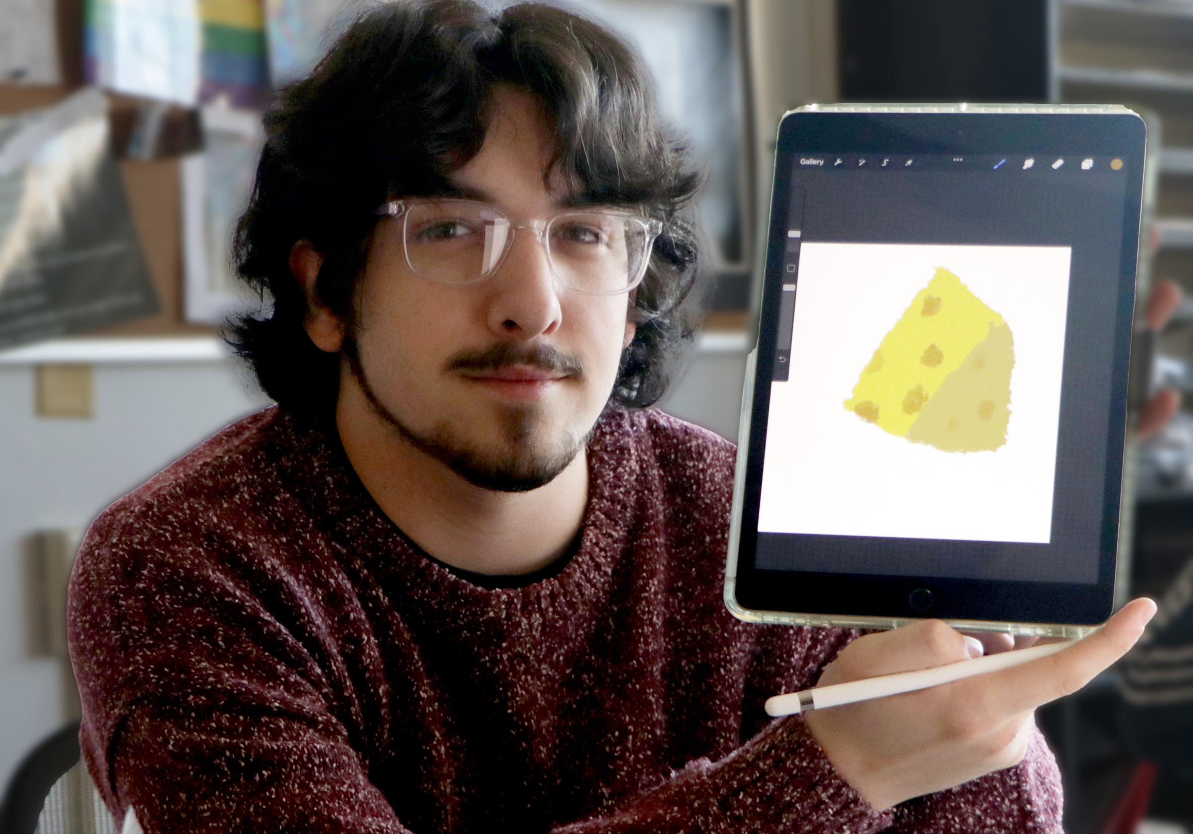 A man wearing a sunglass while holding an ipad and shwoing an image of a cheese