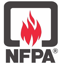 The National Fire Protection Association (NFPA) logo. The NFPA is a nonprofit organization that creates standards to minimize the risk of fire and improve fire safety.