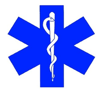 A blue six-pointed star with a white staff and a snake coiled around it. This is the symbol of the Emergency Medical Services (EMS).