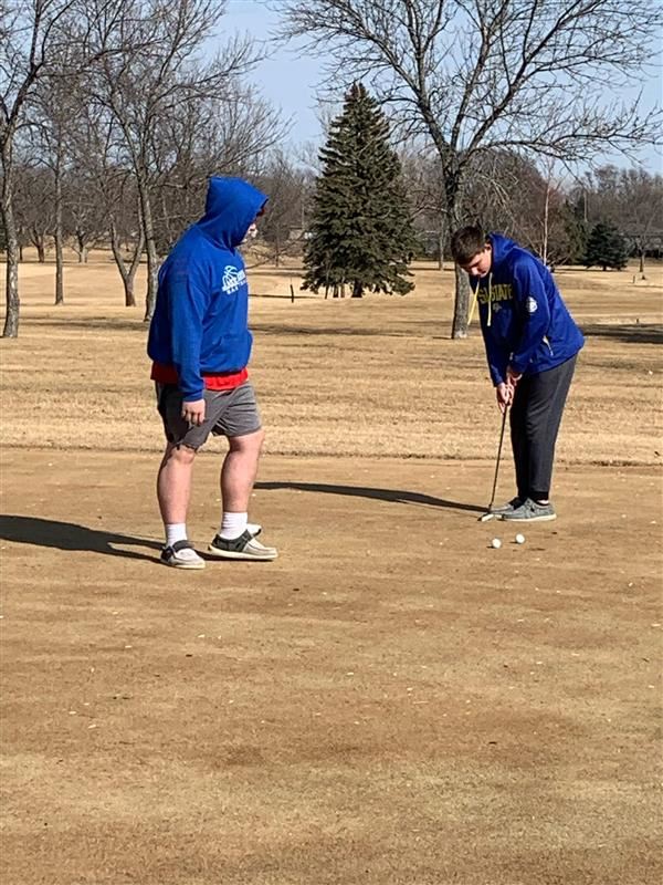 Two golfers playing on a green field, one swinging a club to hit a golf ball towards the distance.