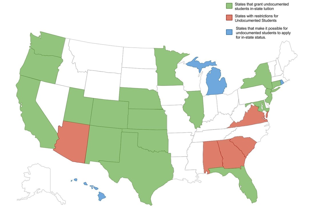 Map showing states that permit Undocumented students in-state tuituion.