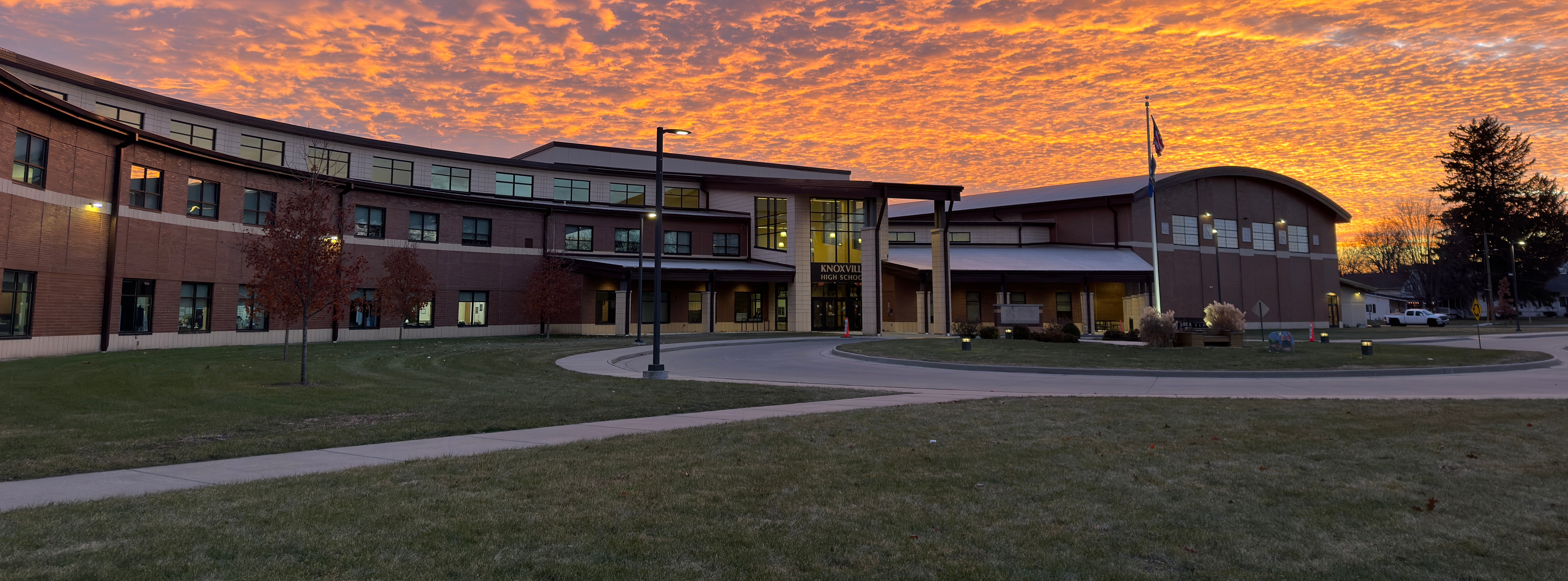 School building with sunset in background