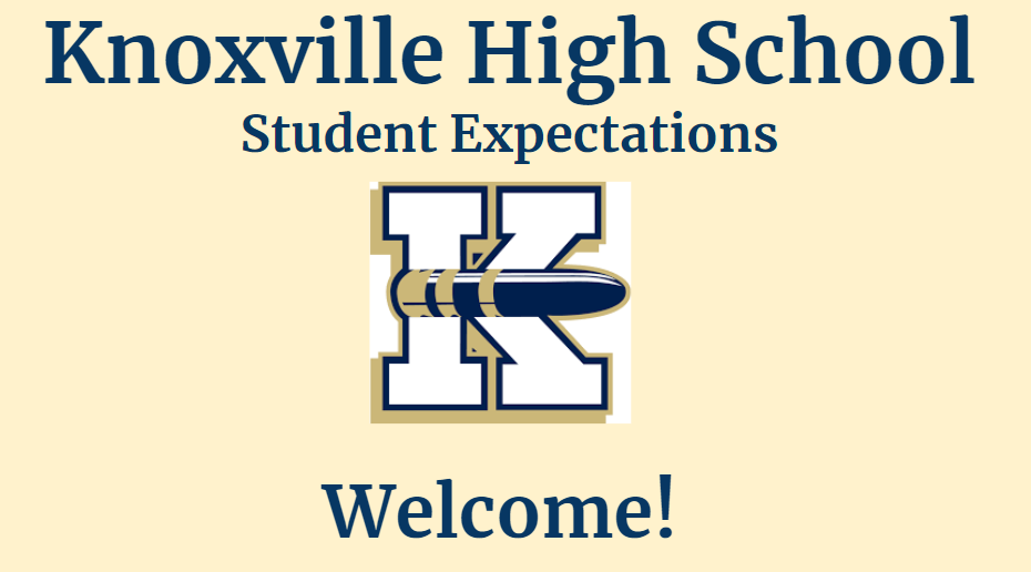 Front page of the Knoxville High School Student Expectations Presentation. Gold back ground with blue text and the Knoxville logo.