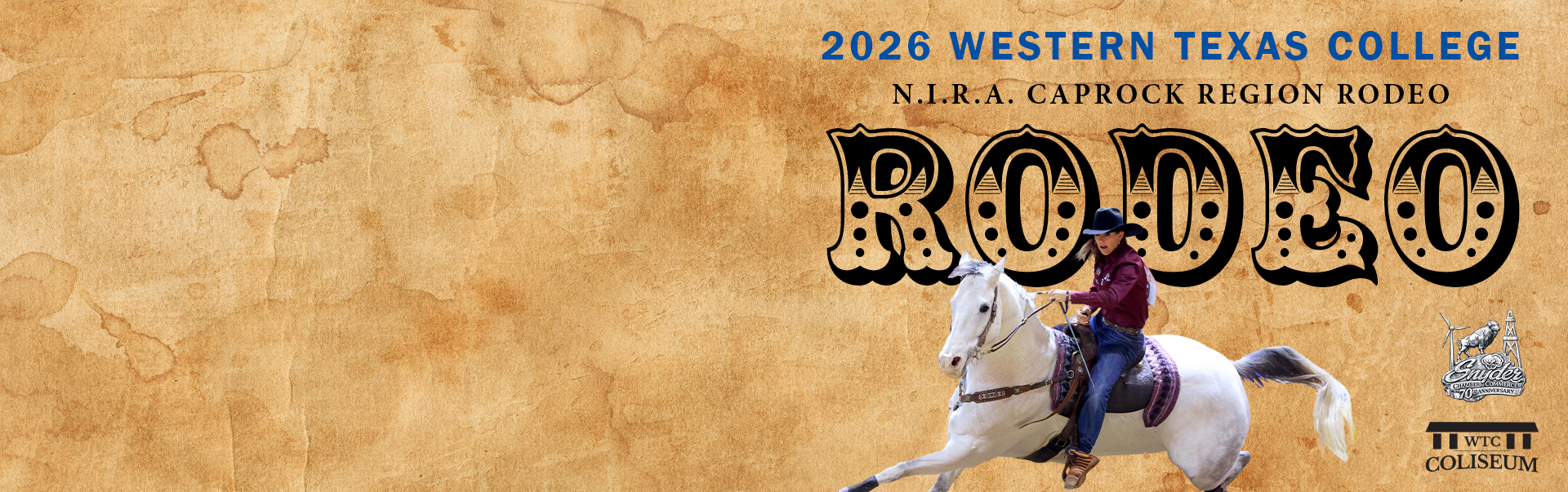 Woman riding white horse over Rodeo text