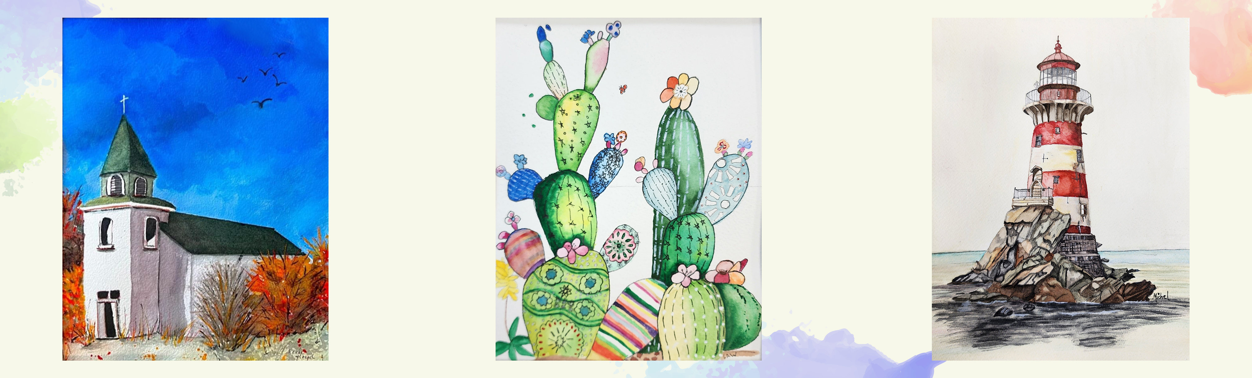 3 painting of a church, cacti, and a lighthouse