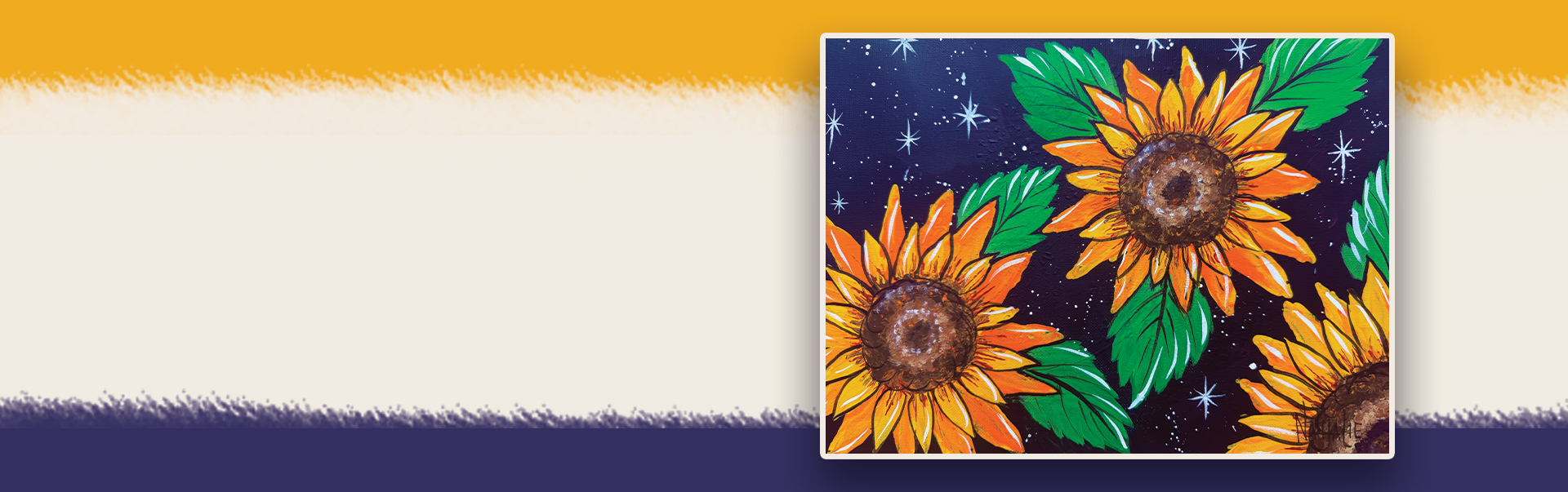 Painting of sunflowers on blue starry sky