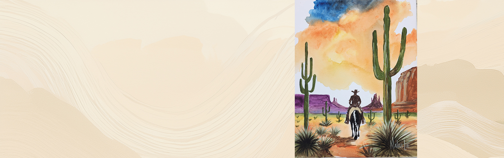 Painting of a cowboy riding off into the sunset