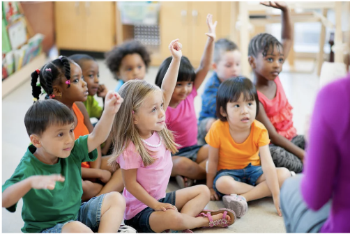 Kids in class raising their hands