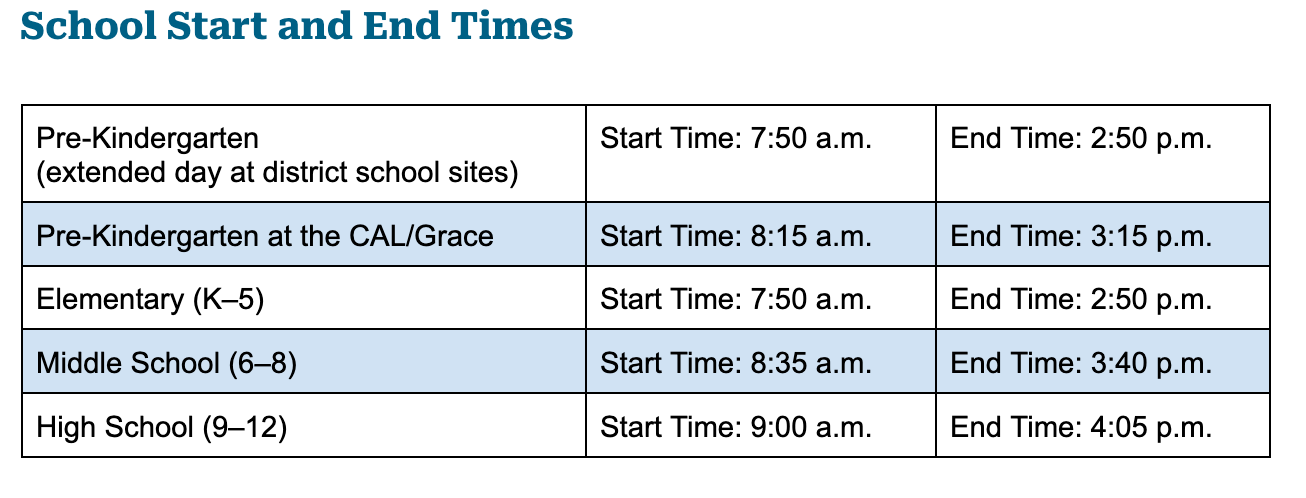 Table listing school grade levels and corresponding start and end times for each. Background is white.