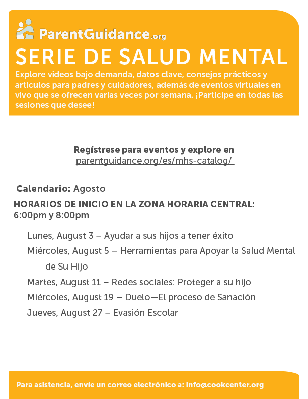 Orange and white page with text. Text reads "Serie de Salud Mental" and "Registrese para eventos y explore en...".