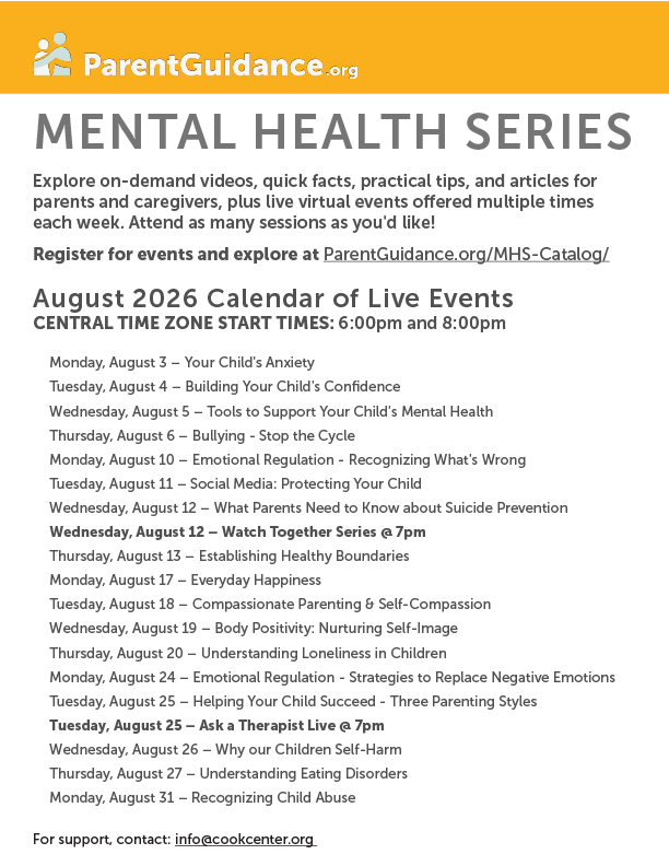 An advertisement for the August 2026 Mental Health Series. It lists live events with topics like child anxiety, healthy boundaries, and emotional regulation.
