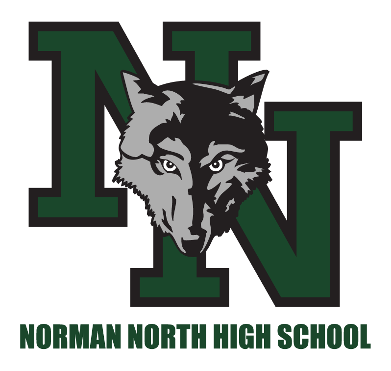 Green letters spelling "North" above a wolf's face with blue eyes on a black background.