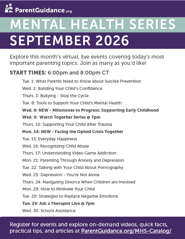 A poster with a purple and gray color scheme shows a schedule for a mental health series in September 2026.