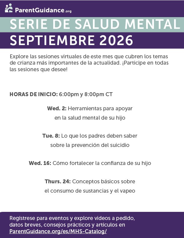 Document with title "Serie de Salud Mental Septiembre 2026" and schedule of virtual sessions on mental health.