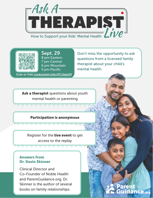 A poster shows a family with a male and two young children. It invites viewers to ask mental health questions during a live event.
