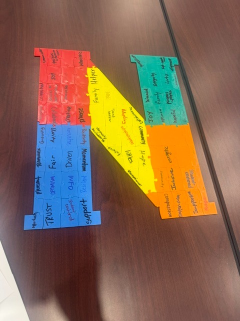 Letters in various colors spell out the word "support." Each letter is cut from paper and arranged on a brown table.