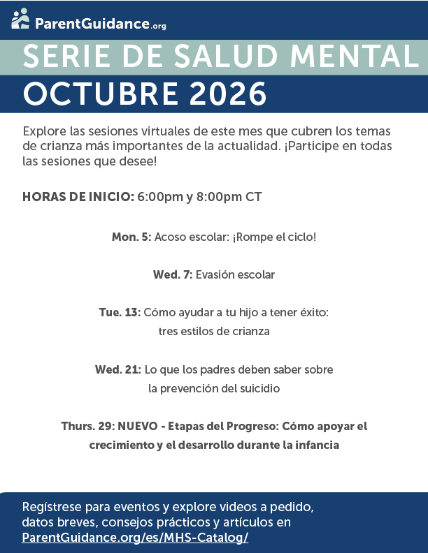 A poster lists a mental health series from October 2026. Sessions cover topics like school, prevention, and support. Times are 6:00pm and 8:00pm CT.
