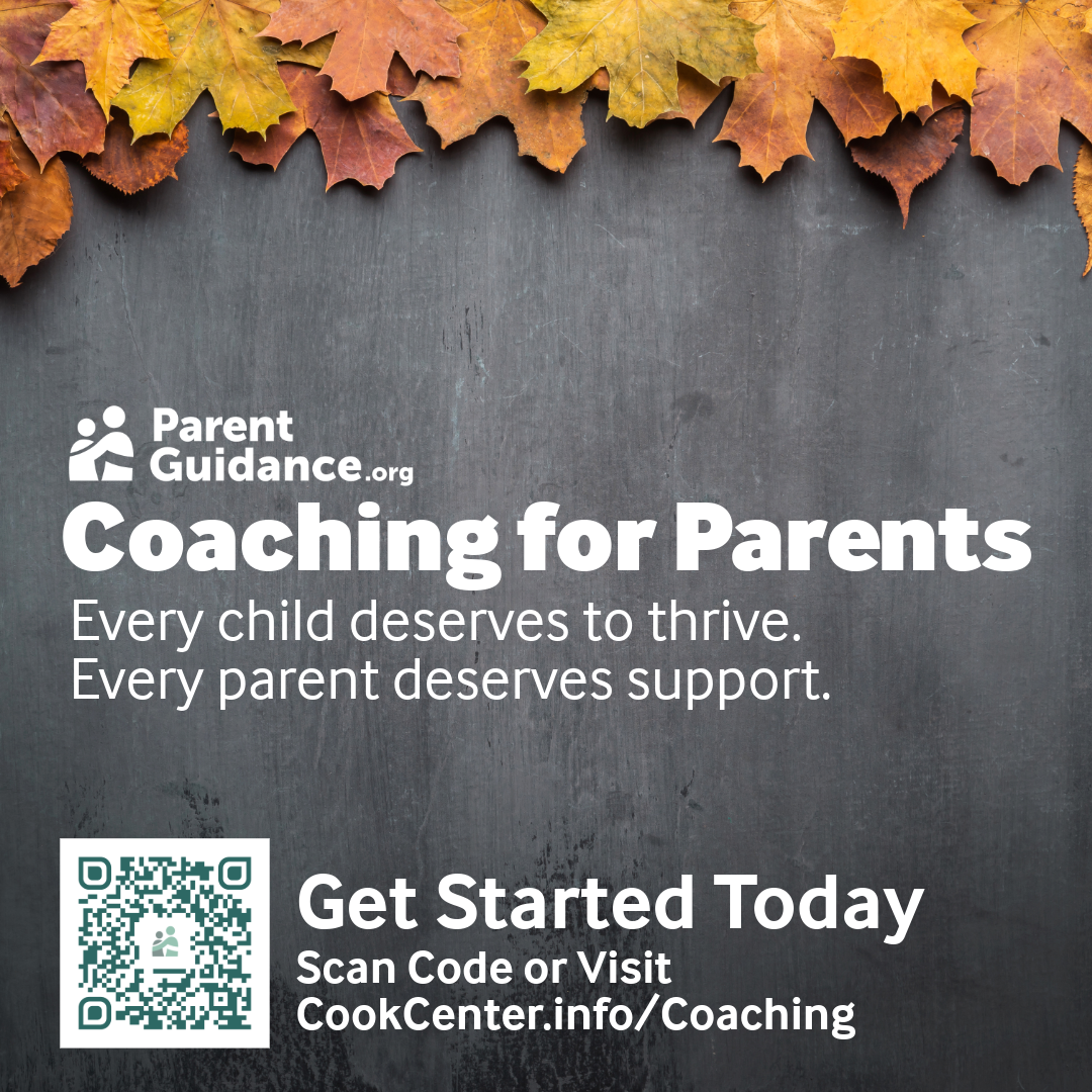 Leaves on a chalkboard. Text: "Parent Guidance.org Coaching for Parents Every child deserves to thrive. Every parent deserves support."