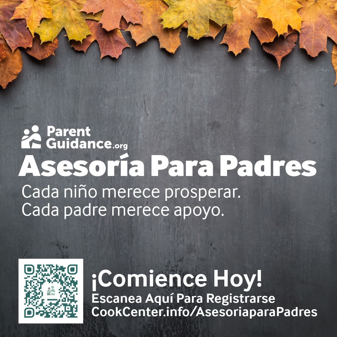 Advertisement for Parent Guidance, featuring a QR code. Green text on black background. Leaves at top.