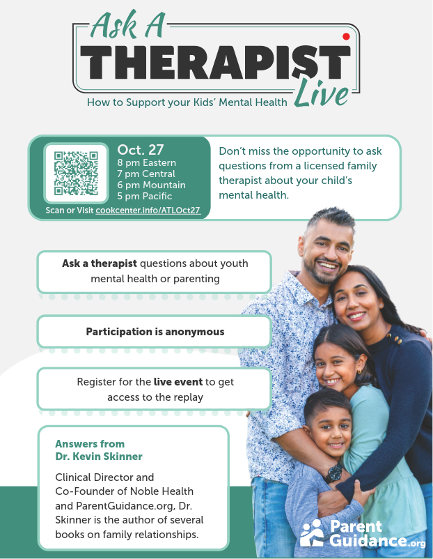 An advertisement for a live event with a family, featuring a man and two children, all smiling.