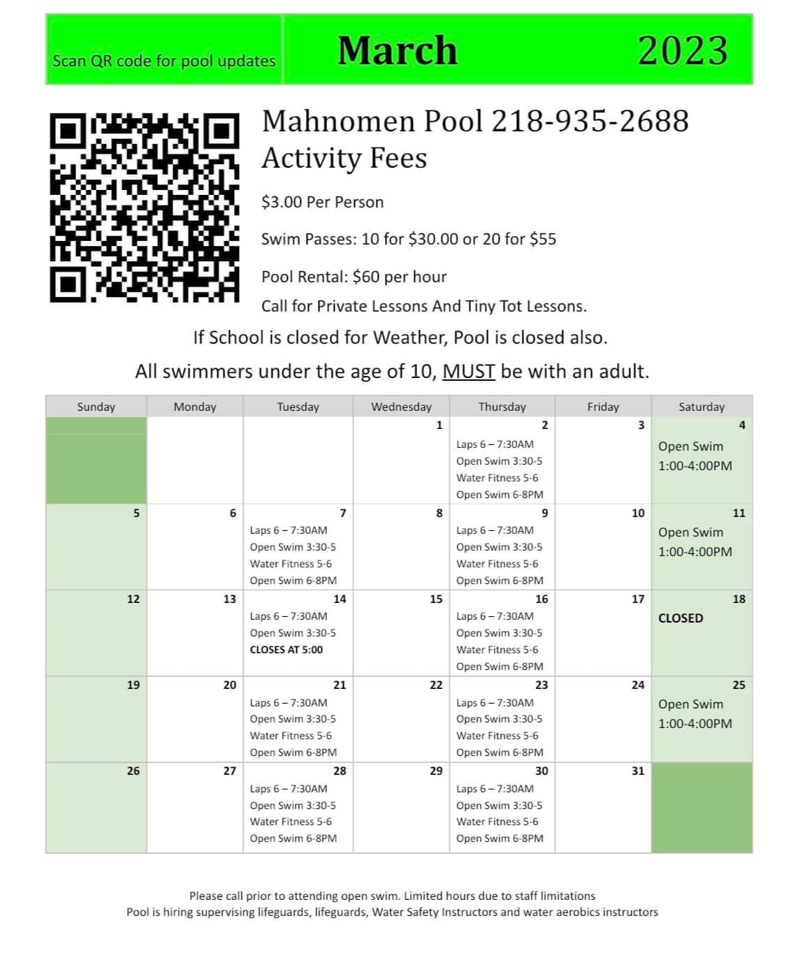 Mahnomen pool hours for march