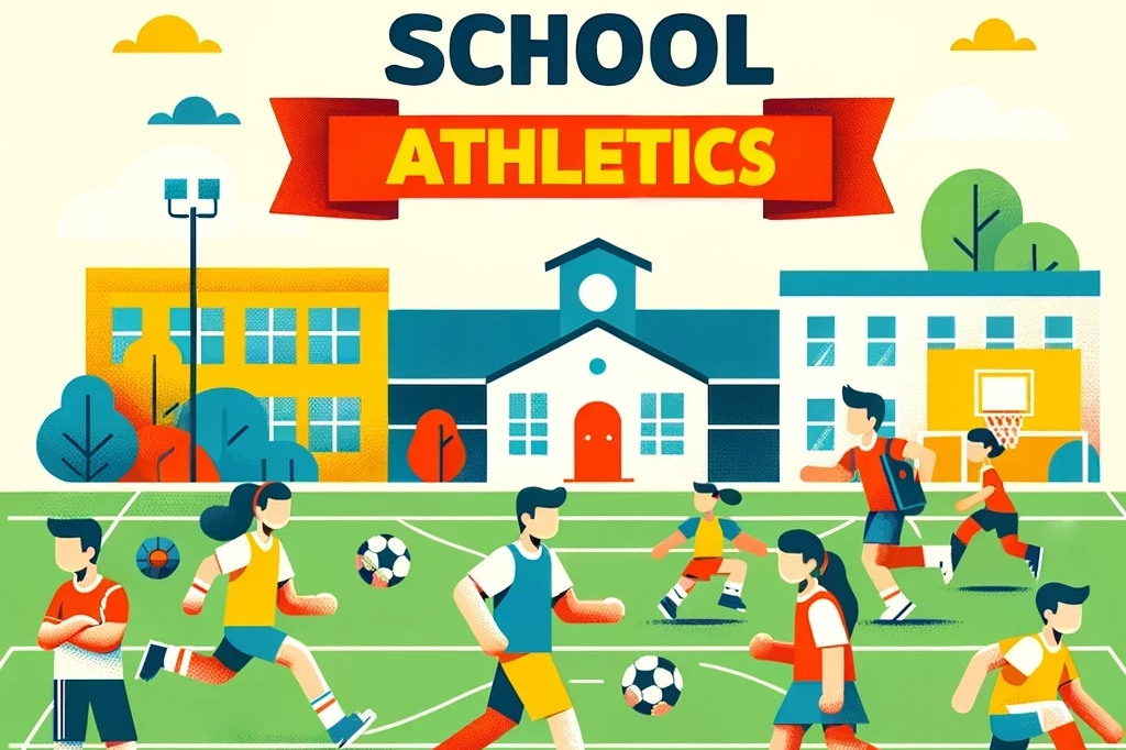 graphic that say school athletics with children playing sports