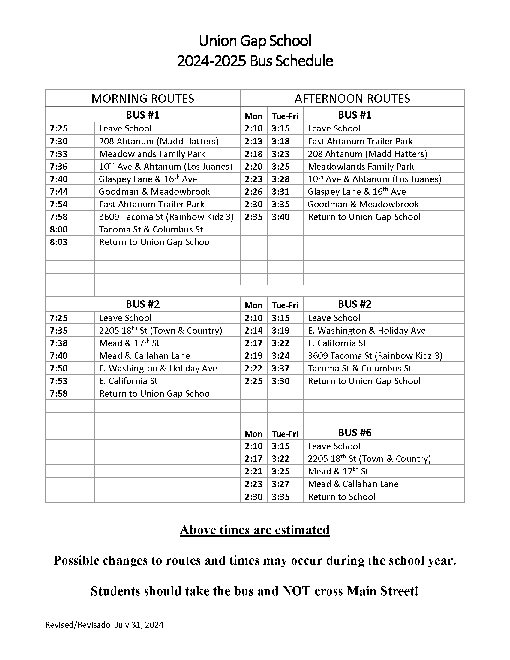 Full Day Bus Schedule - English