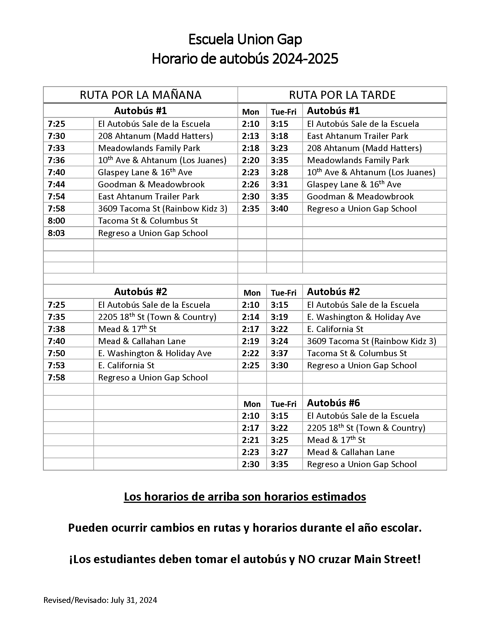 Full Day Bus Schedule - Spanish