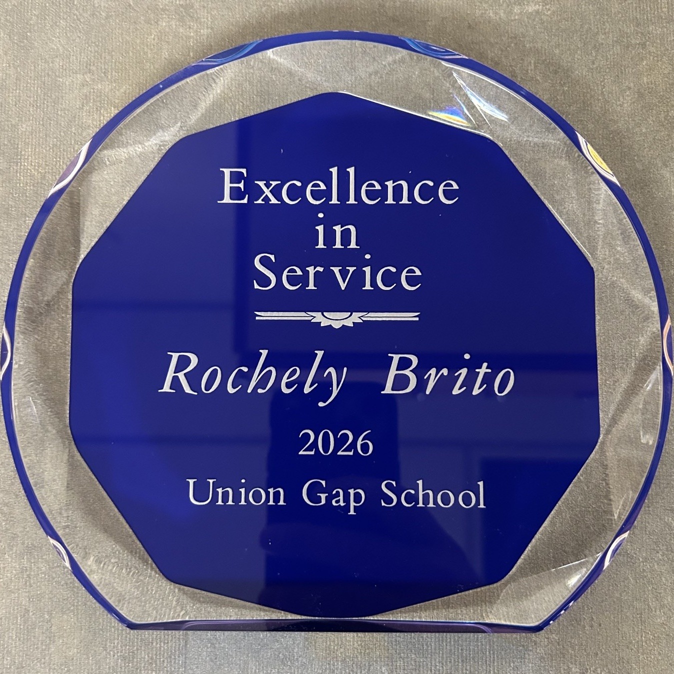 Award picture that say Excellence in Service