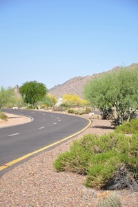 A curved asphalt road with yellow lane dividers cutting through a desert landscape.