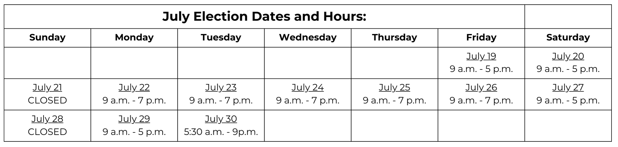 Picture of July Election Polling Location Dates and Hours