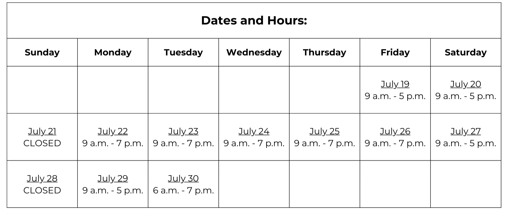 Picture of July Election Polling Location Dates and Hours