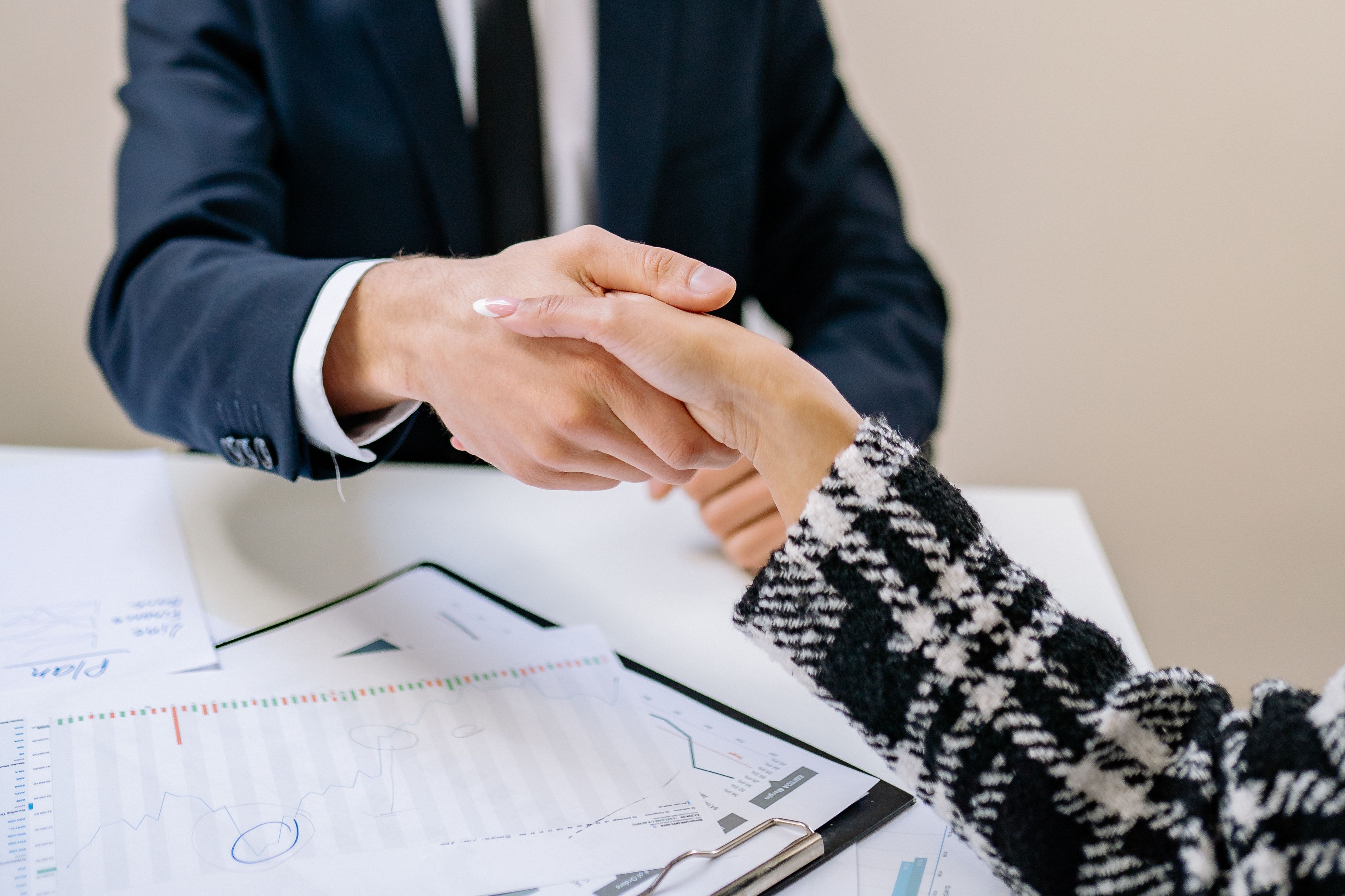 Two people shaking hands in a job interview