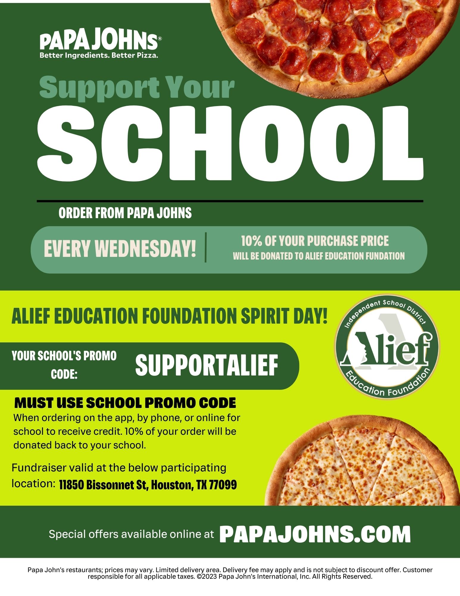 Click here to view the Papa Johns Offer for the Alief Community 