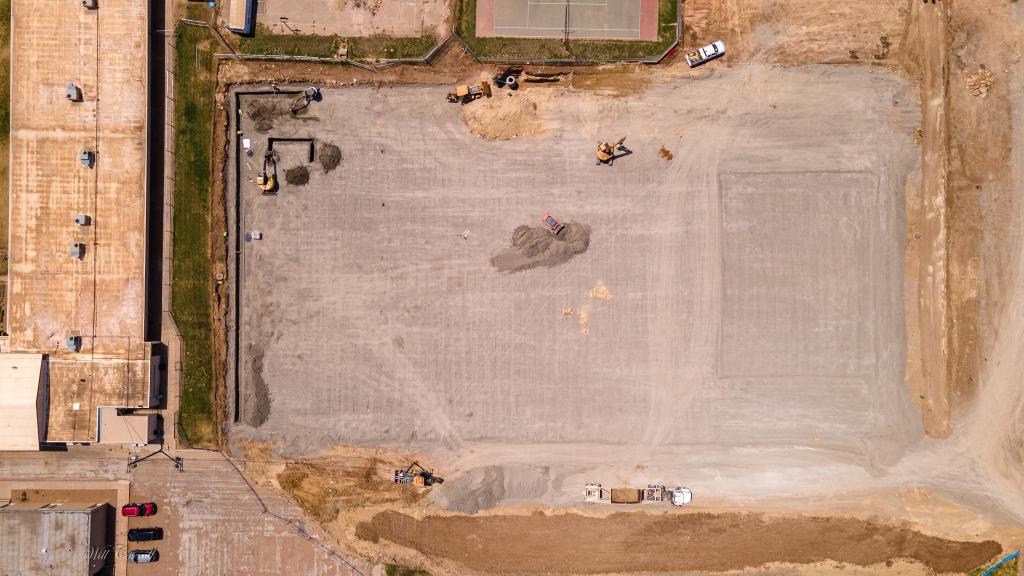Aerial view of construction progress