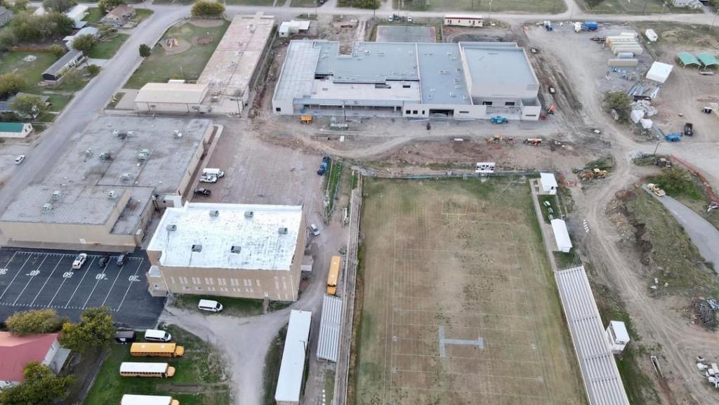 Aerial view of construction progress