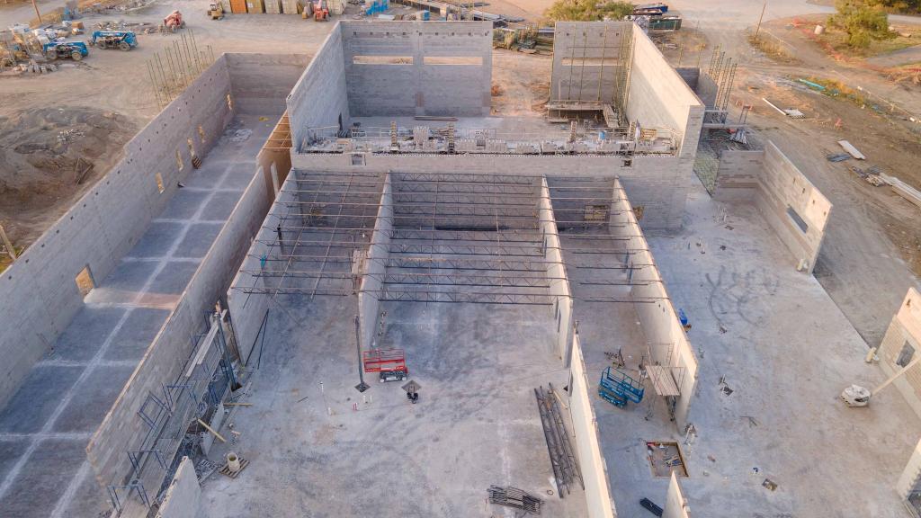 Aerial view of construction progress