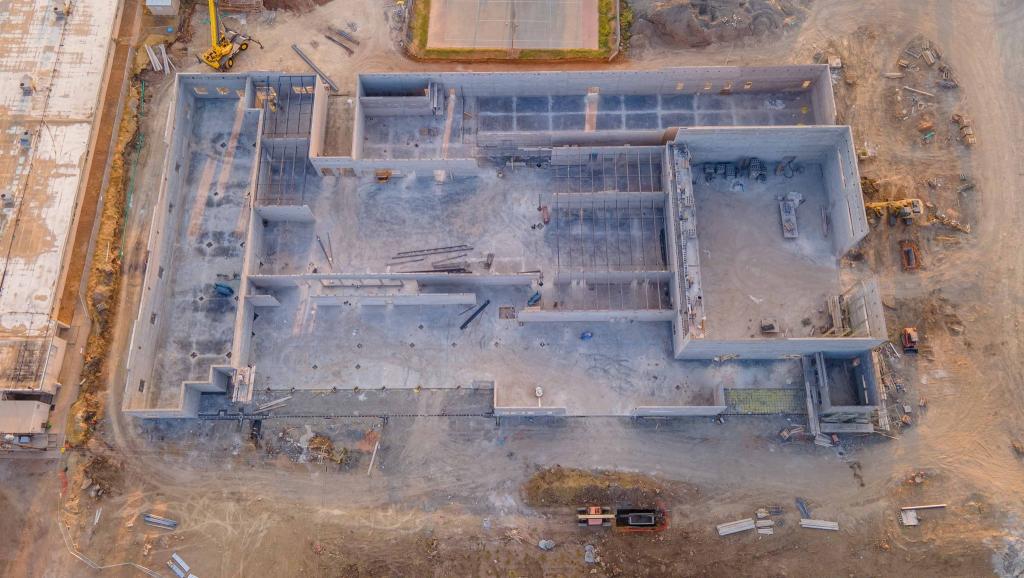 Aerial view of construction progress