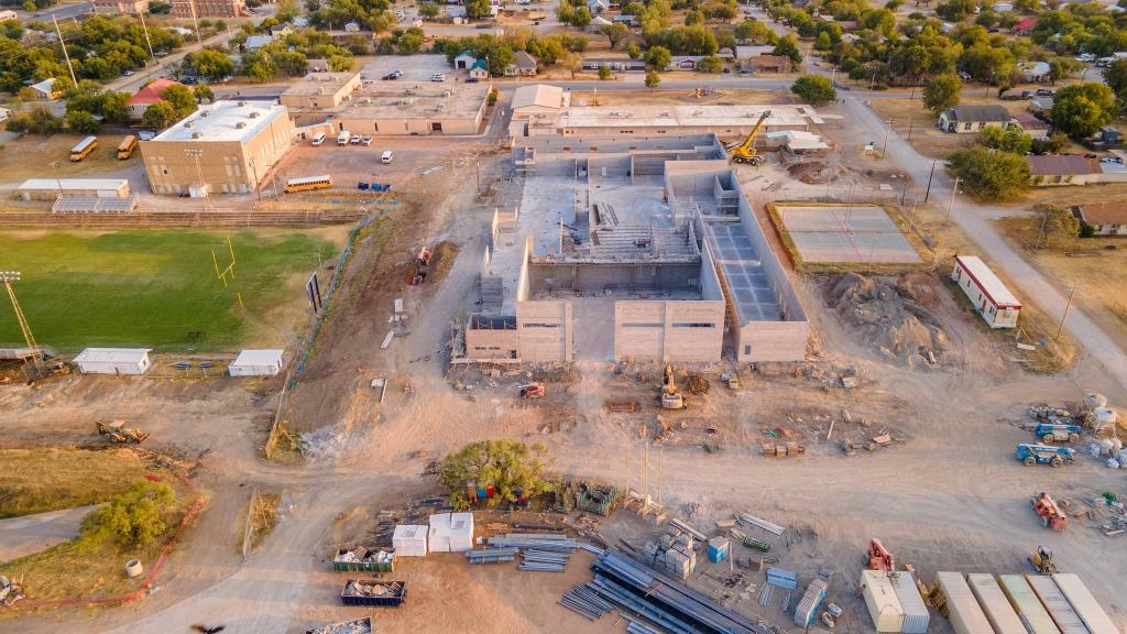 Aerial view of construction progress