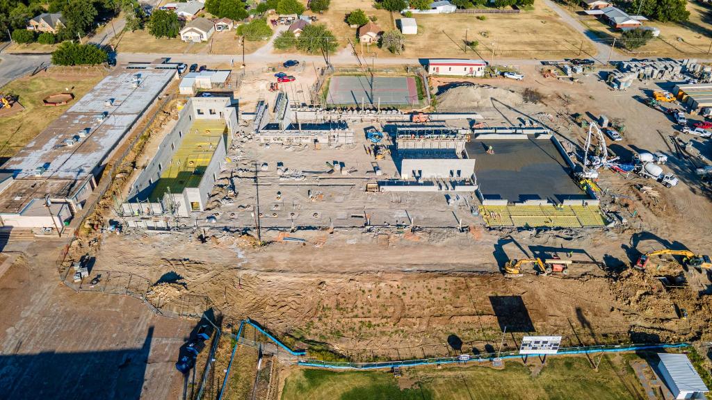 Aerial view of construction progress