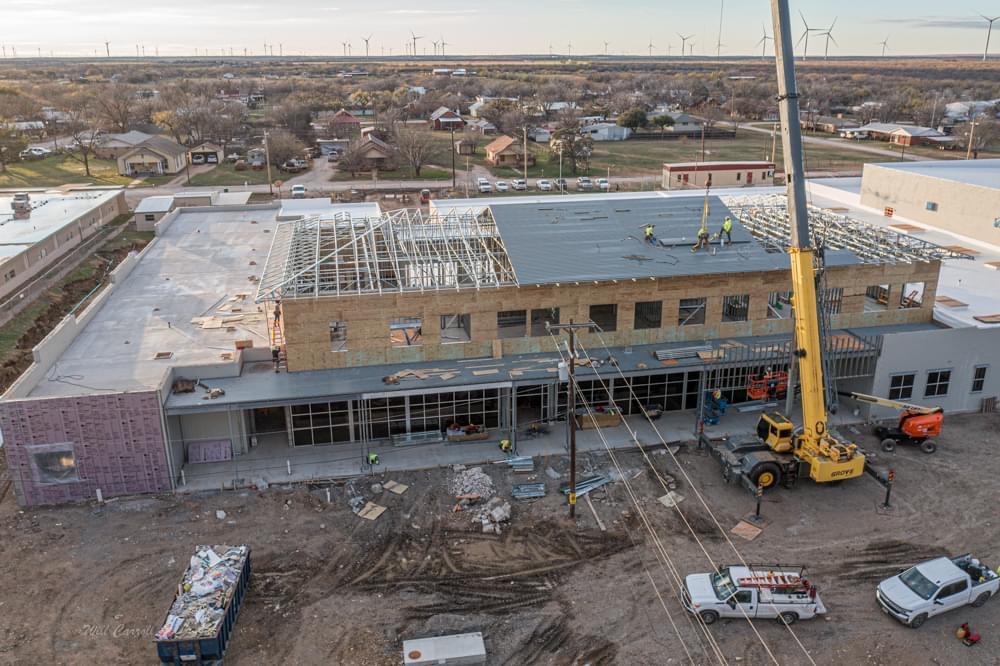 Aerial view of construction progress