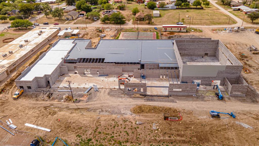 Aerial view of construction progress