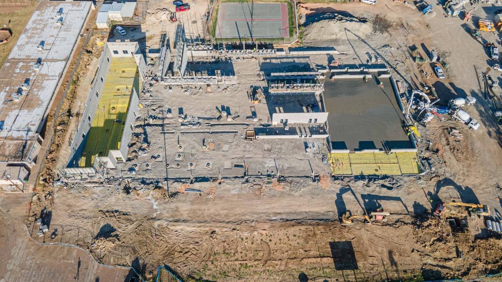 Aerial view of construction progress