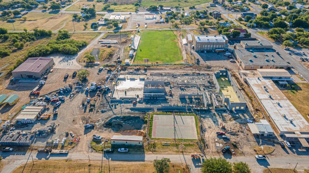 Aerial view of construction progress