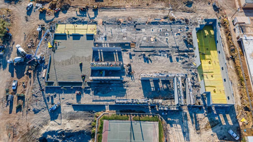Aerial view of construction progress