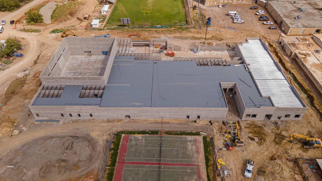 Aerial view of construction progress