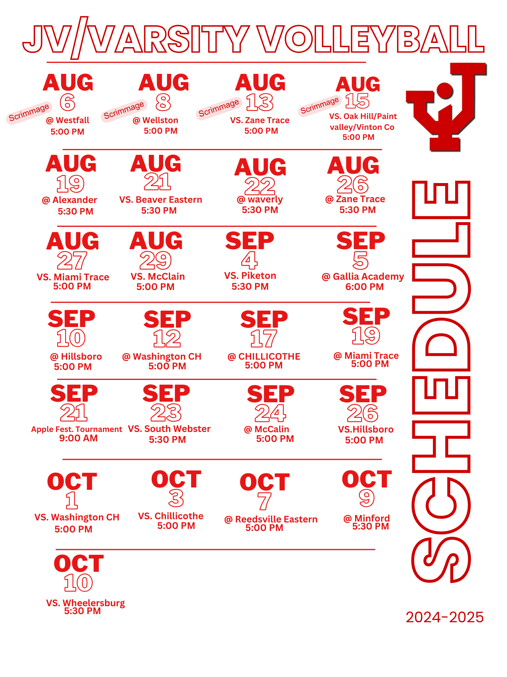 2024-2025 JV/Varsity Volleyball schedule