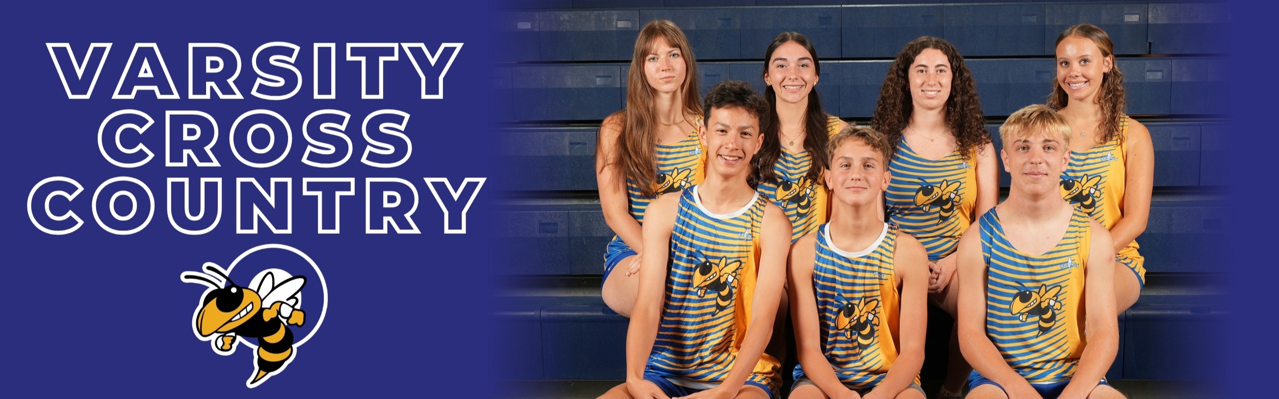 Seven cross-country athletes pose, one kneeling, with a team logo in the corner.