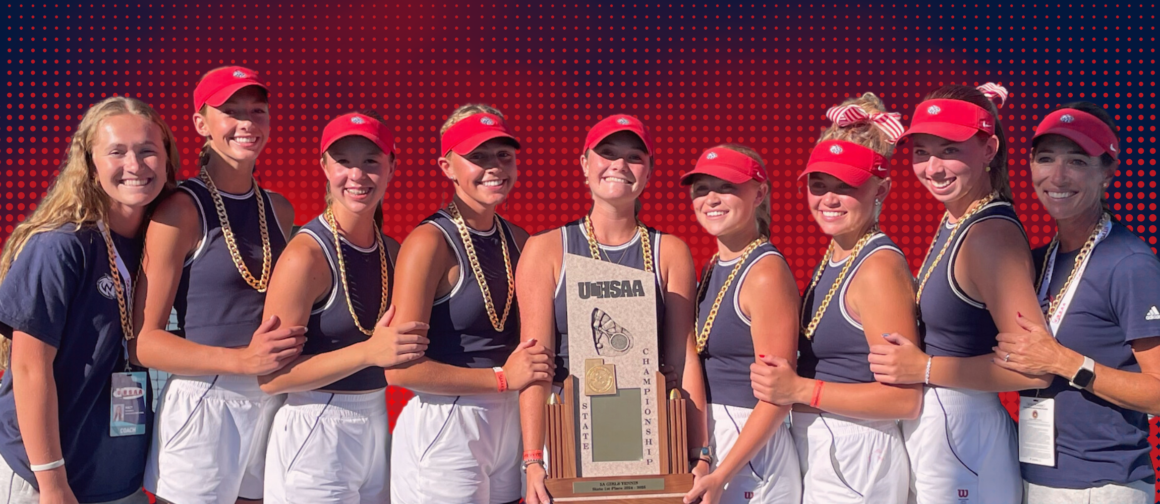 Woods Cross High School tennis team holding their 5A championship trophy.