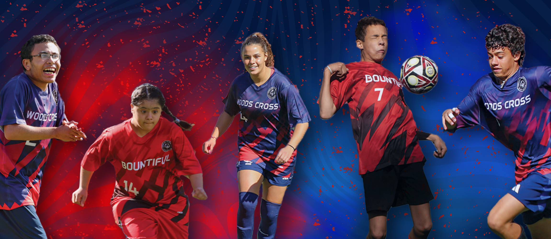 A collaged photo of 5 Unified Soccer athletes with a blue and red splatter background.